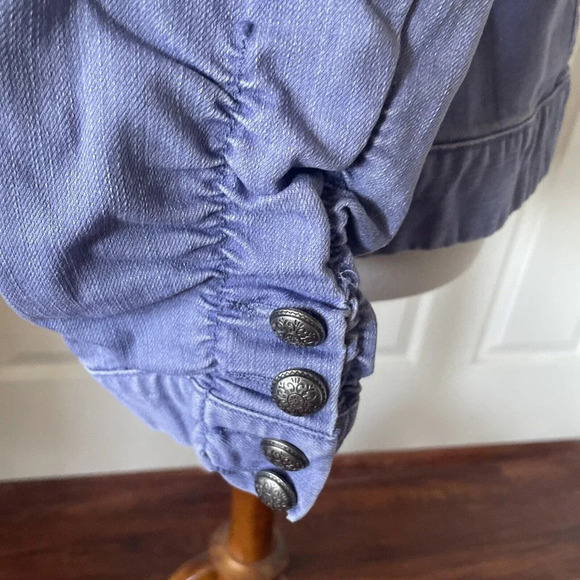 Chicos Platinum Womens Ruched Jacket Sz 2 US 12 Zip Pockets Blue Denim Chic - Picture 7 of 12